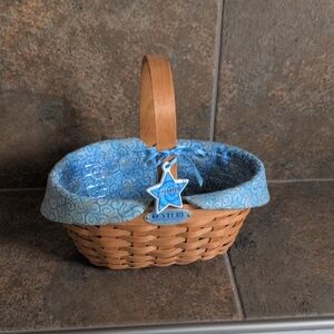 Blue and Tan Woven Basket with Handle